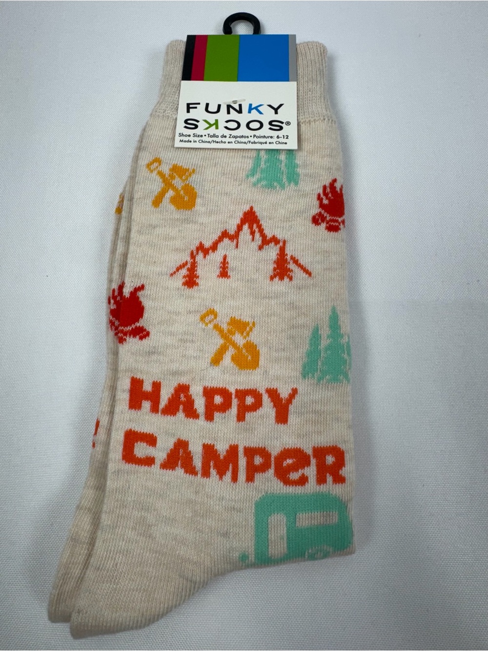 Funky Socks Men’s Crew Socks Casual Dress Happy Camper Camping RV Size 10-13 NWT